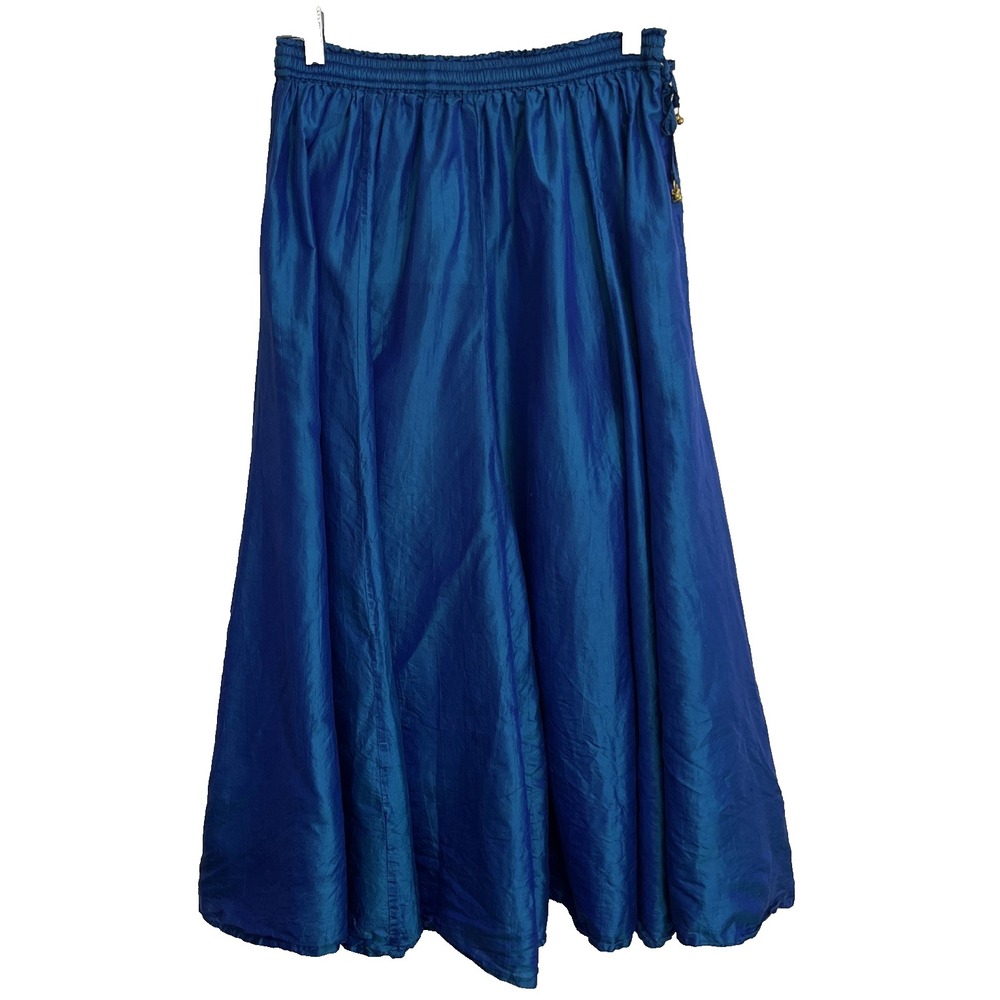 Anu Anii By Natural Skirt Size M Blue 100% Silk Skirt Shimmery Tie Waist Lined